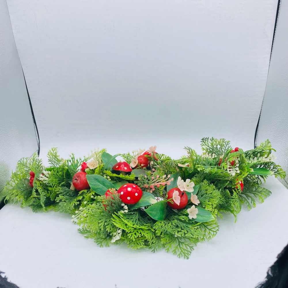 Vintage 70s Plastic Greenery Table Centerpiece With Mushrooms, Apples & Flowers